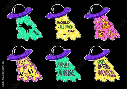 Set of Ufo alien spaceship groovy print for t shirt. Stickers with inscription, emojis, pizza and cow. Design element for print on fabric. Cartoon flat vector collection isolated on black background
