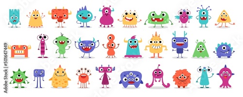 Monster super big icon set. Stickers with scary or funny characters for Halloween. Cute smiling head with sharp teeth, fangs and horns. Cartoon flat vector collection isolated on white background