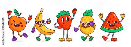 Set of funny fruit characters. Stickers with apple, banana, strawberry, pineapple and watermelon with smiling face. Advertise and packaging. Cartoon flat vector collection isolated on white background