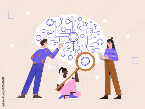 Deep learning neural network connection research for AI. Men and women analyze progress of artificial intelligence. Algorithms for processing data in brain. Cartoon modern flat vector illustration