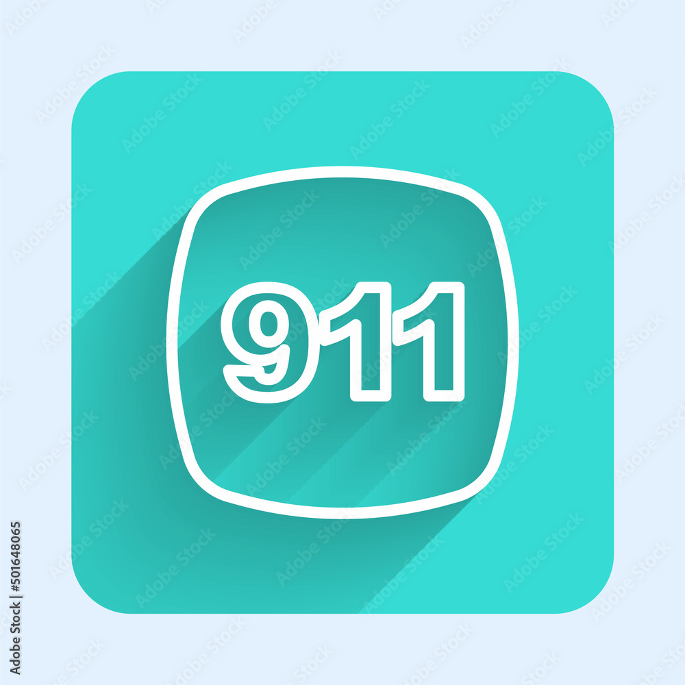 White line Telephone with emergency call 911 icon isolated with long shadow background. Police, ambulance, fire department, call, phone. Green square button. Vector White line Telephone with emergency call 911 icon isolated with long shadow background. Police, ambulance, fire department, call, phone. Green square button. Vector