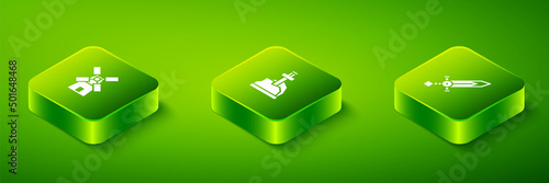 Set Isometric Sword in the stone, Medieval sword and Windmill icon. Vector