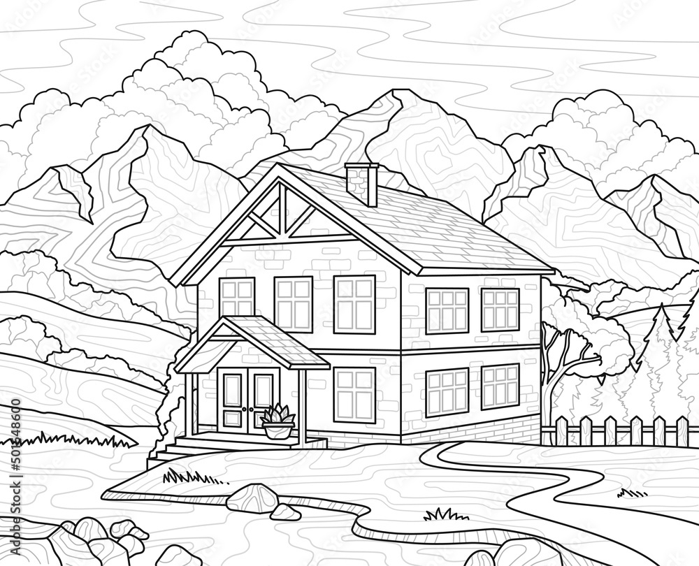 House in mountains abstract concept. Linear Coloring book with large house in village and beautiful landscape. Antistress for children and adults. Cartoon contemporary flat vector illustration