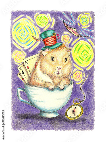 Funny guinea pig in wonderland illustration with colored pencils. It's perfect for postcards, posters, banners, invitations, greeting cards, prints. Isolated on white background. Drawn by hand.
