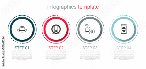 Set Oktoberfest hat, Wooden barrel, Beer brewing process and can. Business infographic template. Vector