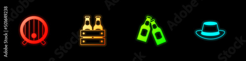 Set Wooden barrel, Pack of beer bottles, Beer and Oktoberfest hat icon. Vector