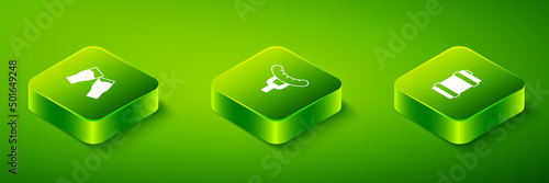 Set Isometric Sausage on the fork, Metal beer keg and Glass of icon. Vector