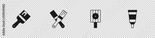 Set Paint brush, Spray can nozzle cap and Tube with paint palette icon. Vector