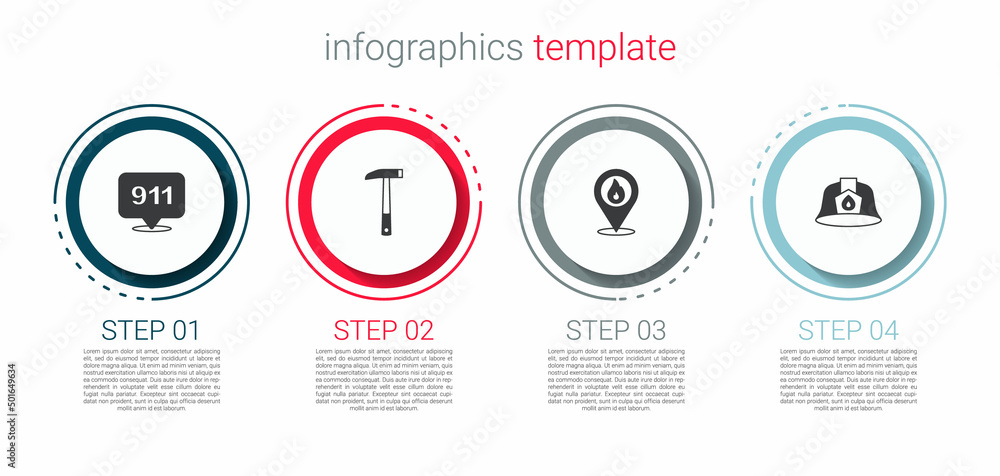 Set Emergency call 911, Firefighter axe, Location with fire flame and helmet. Business infographic template. Vector Set Emergency call 911, Firefighter axe, Location with fire flame and helmet. Business infographic template. Vector