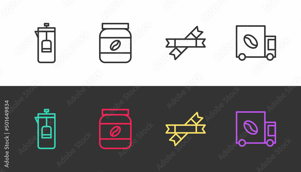 Set line French press, Coffee jar bottle, Sugar stick packets and street truck machine on black and white. Vector Set line French press, Coffee jar bottle, Sugar stick packets and street truck machine on black and white. Vector