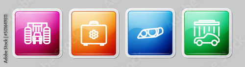 Set line Car wash, Toolbox, headlight and . Colorful square button. Vector
