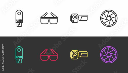 Set line USB flash drive, 3D cinema glasses, Cinema camera and Camera shutter on black and white. Vector