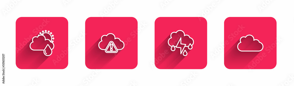 Set line Cloud with rain and sun, Storm warning, lightning and with long shadow. Red square button. Vector Set line Cloud with rain and sun, Storm warning, lightning and with long shadow. Red square button. Vector
