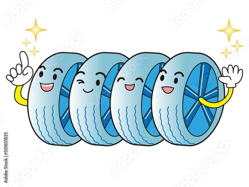 タイヤ4本セットのイラスト(顔あり)