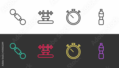 Set line Dumbbell, Bench with barbel, Stopwatch and Bottle of water on black and white. Vector