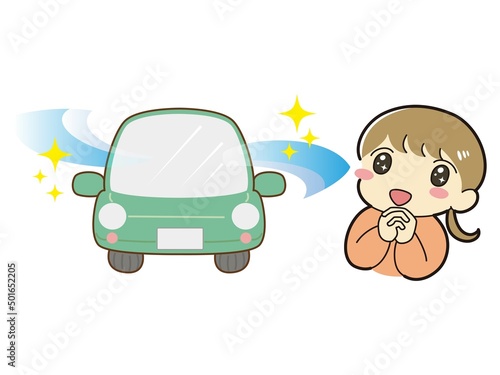 クリーンな空気の車で喜ぶ女性のイラスト