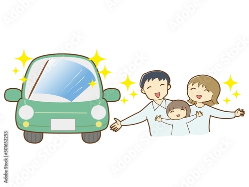 ワイパーがきれいな車に喜ぶ家族のイラスト