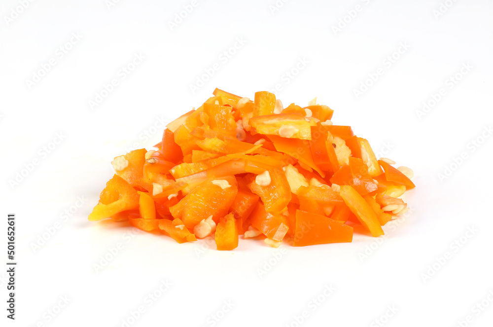Fresh orange chili finely chopped, placed together on a white background. close-up view on white Fresh orange chili finely chopped, placed together on a white background. close-up view on white