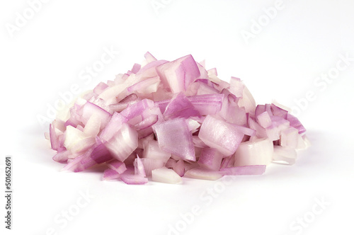 Red onion, chopped close-up on a white background It is a vegetable that can be eaten raw.