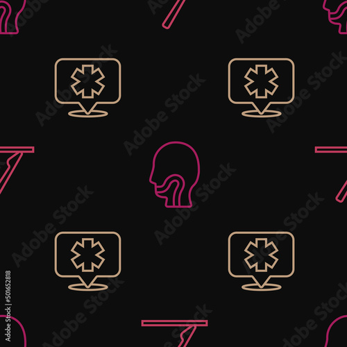 Set line Medical surgery scalpel  symbol of the Emergency and Sore throat on seamless pattern. Vector