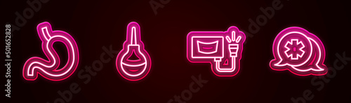 Set line Human stomach, Enema, Ultrasound and Dialogue with the doctor. Glowing neon icon. Vector
