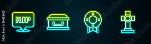 Set line Speech bubble rip death, Coffin with cross, Memorial wreath and Grave. Glowing neon icon. Vector