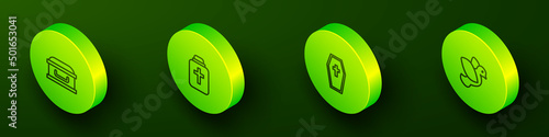 Set Isometric line Coffin with cross, Funeral urn, and Dove icon. Vector