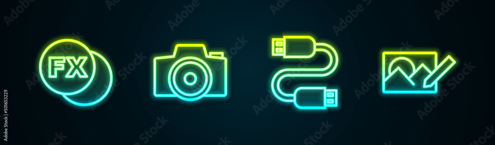 Set line Photo camera fx, , USB cable cord and retouching. Glowing neon icon. Vector Set line Photo camera fx, , USB cable cord and retouching. Glowing neon icon. Vector