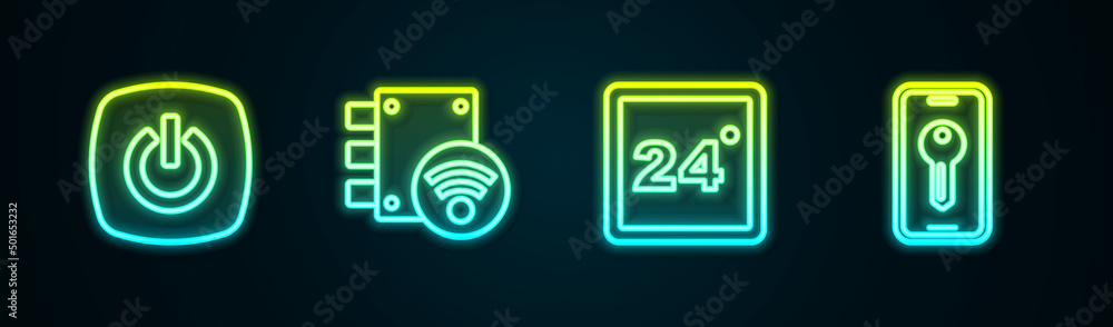 Set line Smart home, Digital door lock, Thermostat and key. Glowing neon icon. Vector Set line Smart home, Digital door lock, Thermostat and key. Glowing neon icon. Vector