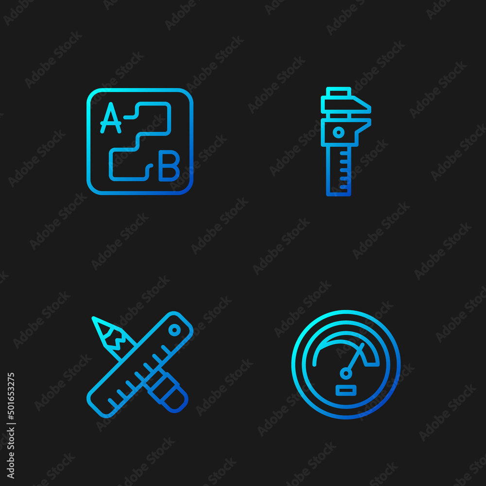 Set line Speedometer, Crossed ruler and pencil, Route location and Calliper or caliper scale. Gradient color icons. Vector Set line Speedometer, Crossed ruler and pencil, Route location and Calliper or caliper scale. Gradient color icons. Vector
