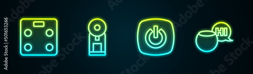 Set line Smart bathroom scales, coffee machine, home and Voice assistant. Glowing neon icon. Vector