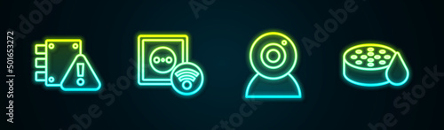 Set line House under protection  Smart electrical outlet  Web camera and Water sensor. Glowing neon icon. Vector