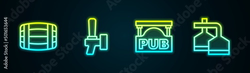 Set line Wooden barrel, Beer tap, Street signboard with Pub and brewing process. Glowing neon icon. Vector