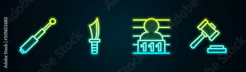 Set line Telescopic baton, Military knife, Suspect criminal and Judge gavel. Glowing neon icon. Vector