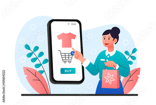 Online shopping concept. Young woman stands at screen of large smartphone and makes purchases in online application. Sale, special offer or consumerism. Cartoon modern flat vector illustration