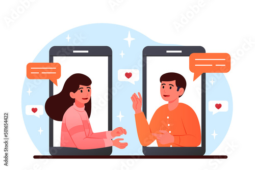 Online dating concept. Young man and woman look out of smartphones and communicate. Remote romantic meeting in dating app. Couple in love talking via video link. Cartoon flat vector illustration