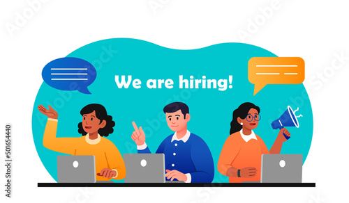 We hiring or job recruitment concept. Employees of HR department shouting into loudspeaker and looking for candidates for vacancy. Team works and looks at resume. Cartoon flat vector illustration