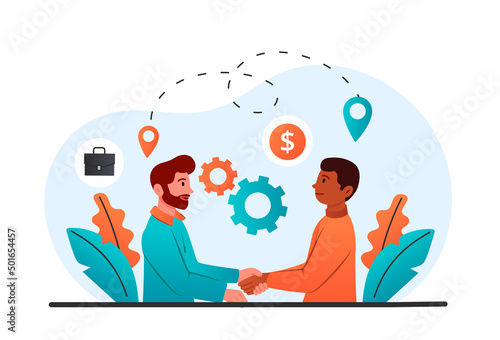 Work abroad concept. International recruitment or work for migrants. Human resources employee greets new foreign colleague, shakes his hand and smiles. Cartoon contemporary flat vector illustration