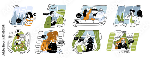 Set of people spending time at home near windows