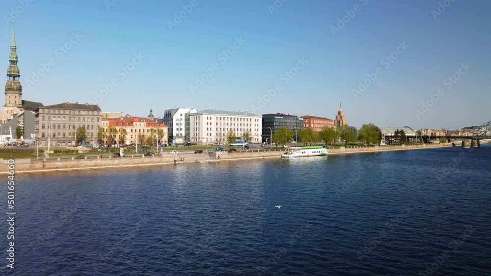 A general view of the Latvian Capital, Riga, over the River Daugava. Pan Right A general view of the Latvian Capital, Riga, over the River Daugava. Pan Right