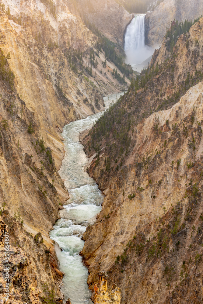 Yellowstone Canyon Glows Around Sunset With the River Below