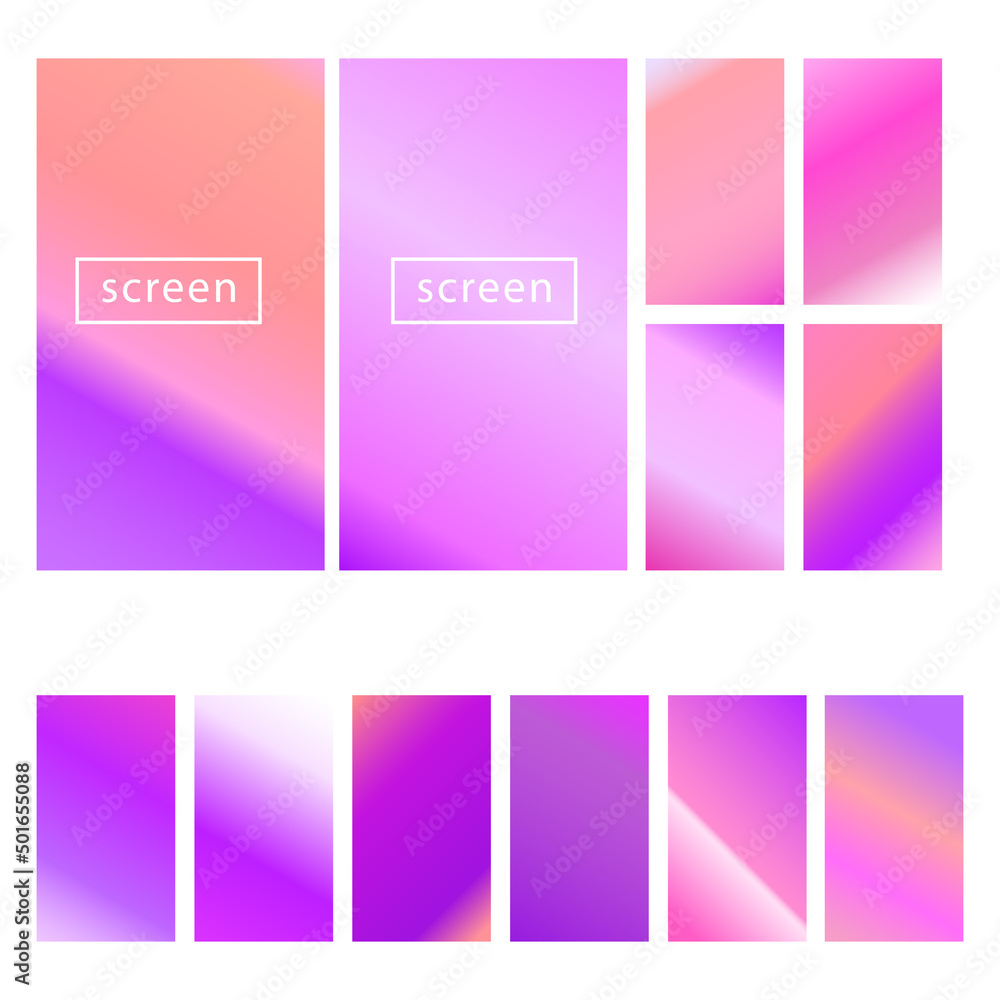 Mobile screen lock display collection of colorful backgrounds in trendy neon colors. Modern screen vector design for mobile app. Soft color abstract pastel holographic gradients. Swatches for design