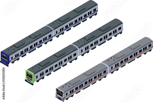 オレンジ、黄緑、青の電車の立体的なアイソメトリックスタイルの電車のイラストセット、主線なし.