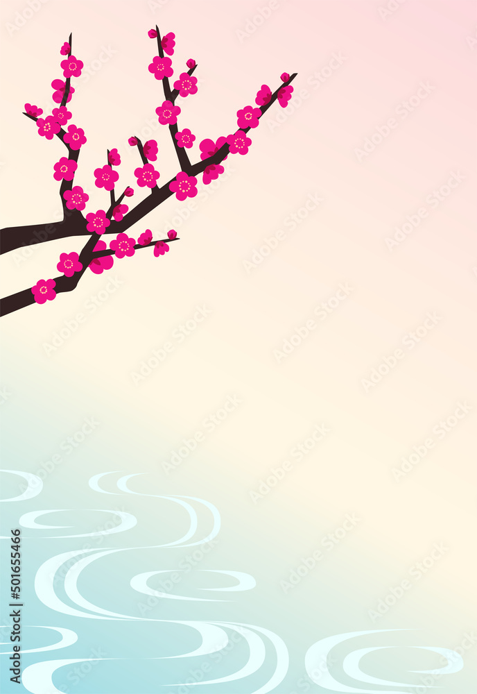 美しい流水紋様と紅梅のメッセージカード はがきサイズ縦型 Stock Vector Adobe Stock