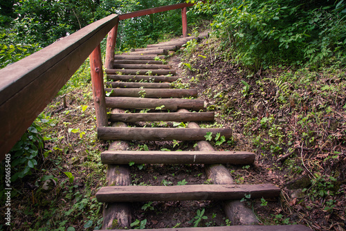 Wooden stairs on the slope of the mountain  photo