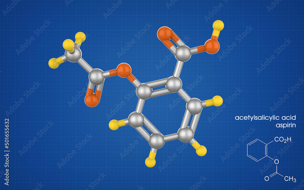 Molecule of aspirin, acetylsalicylic acid. Molecular structure of