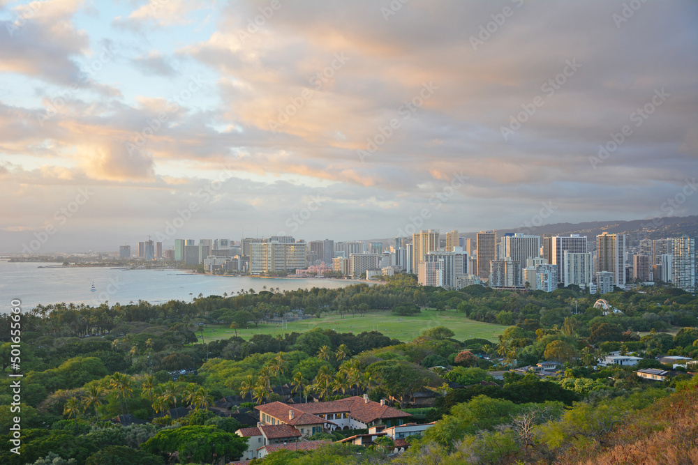 Overlooking Kapiolani Park and Waikiki at sunset in Hononolulu on Oahu, Hawaii