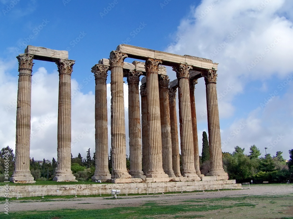 Ancient columns with a lintel in an archaeological park in Athens, Greece