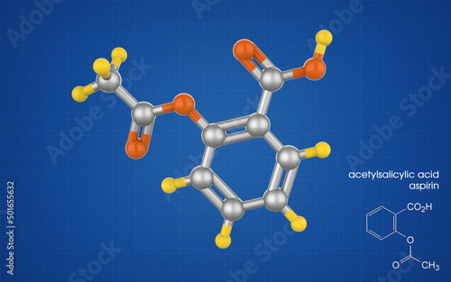 Molecule of aspirin, acetylsalicylic acid. Molecular structure of acetylsalicylic acid (aspirin), medication used to treat pain, fever, and inflammation, 3D rendering photo