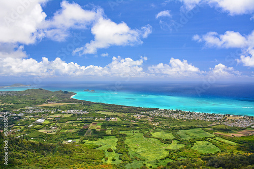 View of the gorgeous Waimanalo coastline on the windward side of Oahu, Hawaii. 